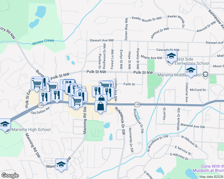 map of restaurants, bars, coffee shops, grocery stores, and more near 85 Applewood Court in Marietta