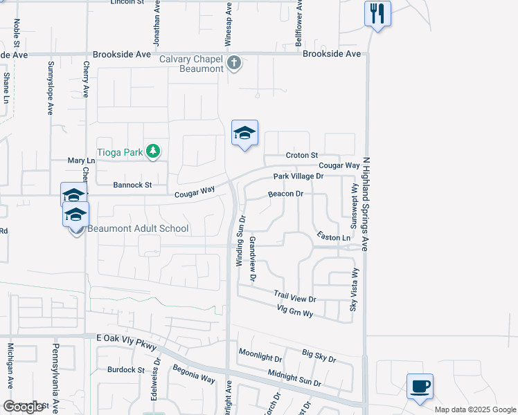 map of restaurants, bars, coffee shops, grocery stores, and more near 1553 Townswood Court in Beaumont