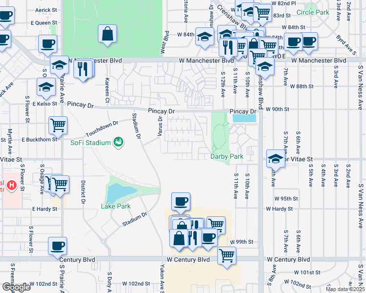 map of restaurants, bars, coffee shops, grocery stores, and more near 3618 West Luther Lane in Inglewood