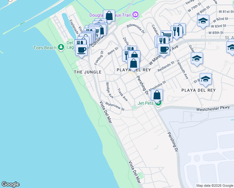 map of restaurants, bars, coffee shops, grocery stores, and more near 265 Redlands Street in Los Angeles