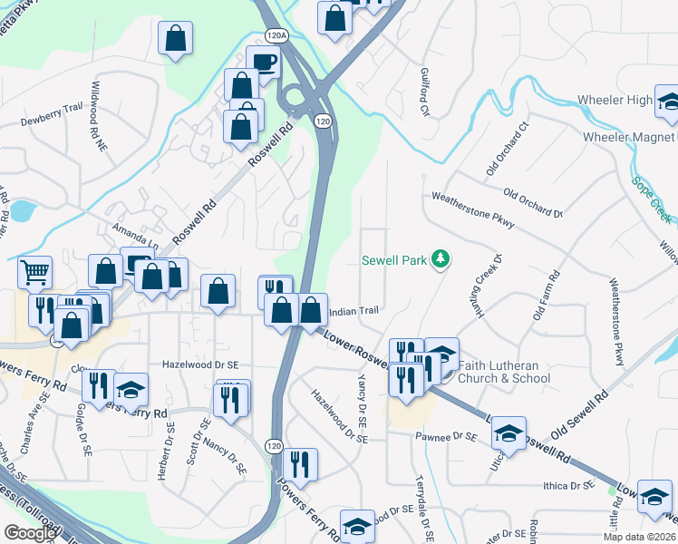 map of restaurants, bars, coffee shops, grocery stores, and more near 1940 Minnewil Lane in Marietta