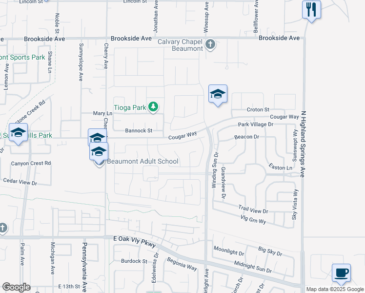 map of restaurants, bars, coffee shops, grocery stores, and more near 1445 Galaxy Drive in Beaumont