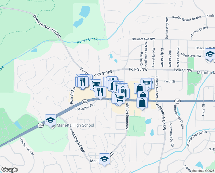 map of restaurants, bars, coffee shops, grocery stores, and more near 803 Mountain View Terrace Northwest in Marietta