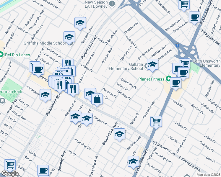 map of restaurants, bars, coffee shops, grocery stores, and more near 8324 Gainford Street in Downey