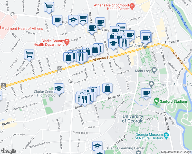 map of restaurants, bars, coffee shops, grocery stores, and more near South Pope Street in Athens