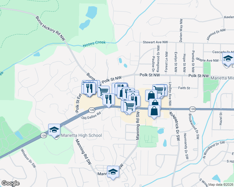 map of restaurants, bars, coffee shops, grocery stores, and more near 815 Mountain View Terrace Northwest in Marietta