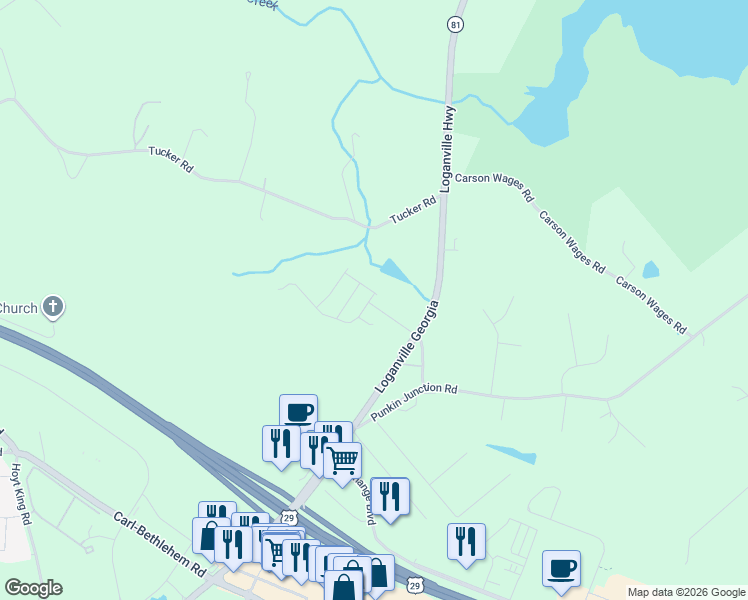 map of restaurants, bars, coffee shops, grocery stores, and more near 761 Loganville Highway in Winder