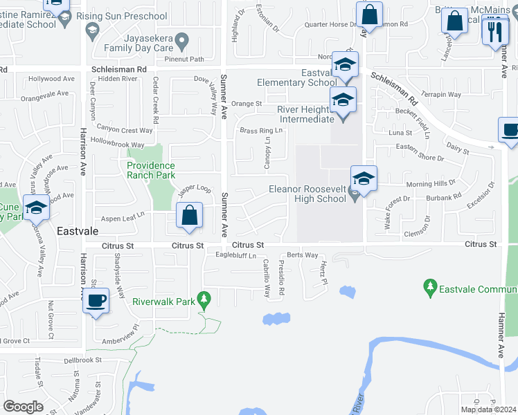 map of restaurants, bars, coffee shops, grocery stores, and more near 13304 Babbling Brook Way in Corona