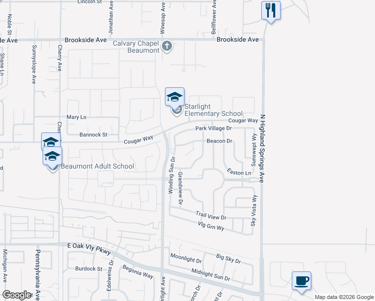 map of restaurants, bars, coffee shops, grocery stores, and more near 1559 Townswood Court in Beaumont