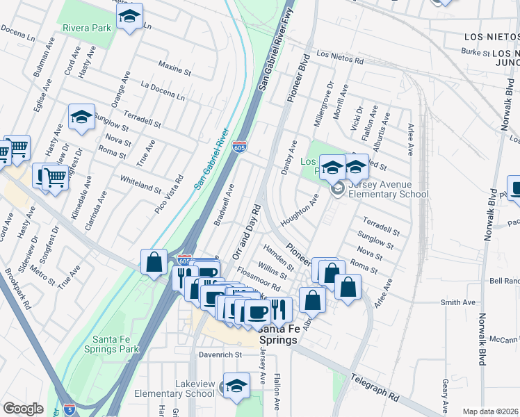 map of restaurants, bars, coffee shops, grocery stores, and more near 9505 Pioneer Boulevard in Santa Fe Springs