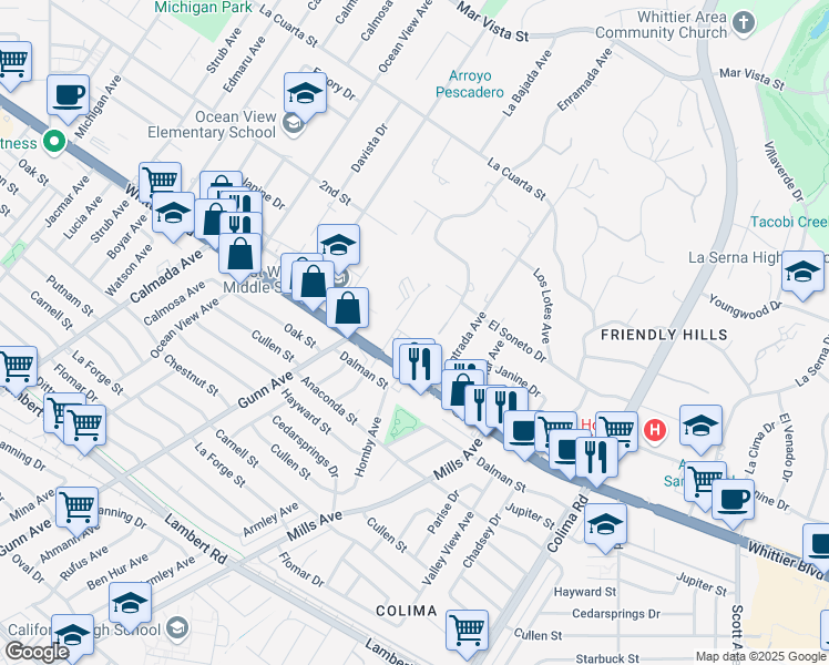 map of restaurants, bars, coffee shops, grocery stores, and more near in Whittier