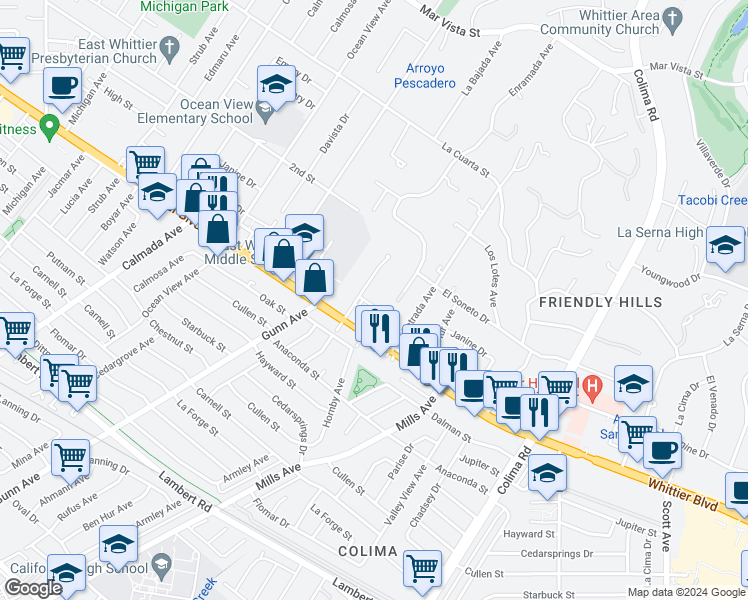 map of restaurants, bars, coffee shops, grocery stores, and more near 14623 Christine Drive in Whittier