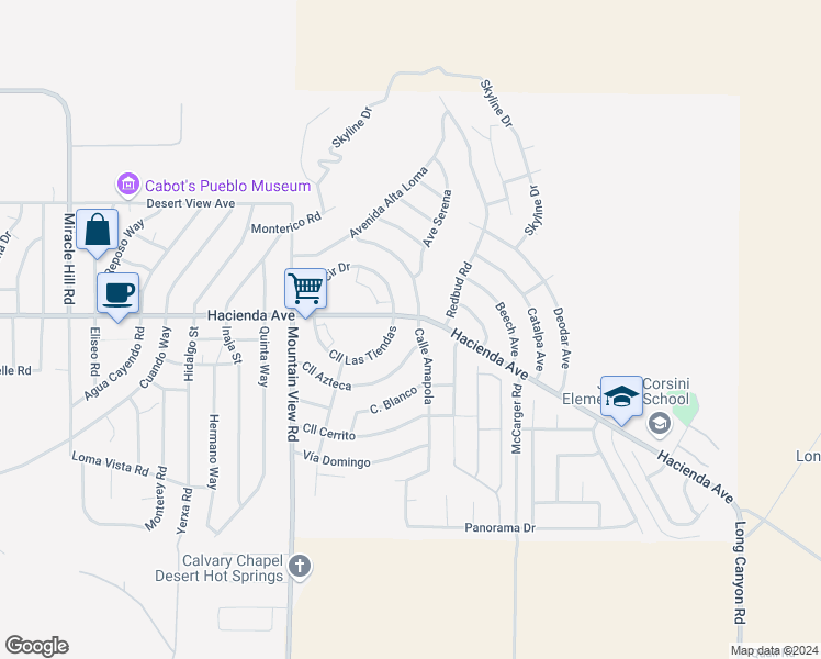 map of restaurants, bars, coffee shops, grocery stores, and more near 13039 Calle Amapola in Desert Hot Springs