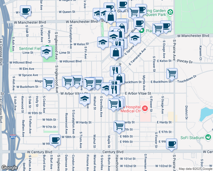 map of restaurants, bars, coffee shops, grocery stores, and more near 112 East Buckthorn Street in Inglewood