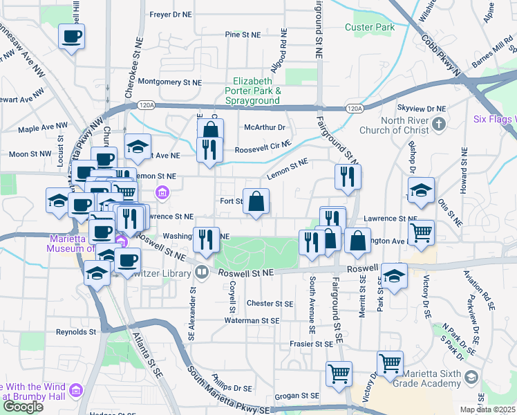 map of restaurants, bars, coffee shops, grocery stores, and more near 103 Rigby Street Northeast in Marietta