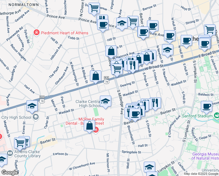 map of restaurants, bars, coffee shops, grocery stores, and more near 4 Dearing Street in Athens