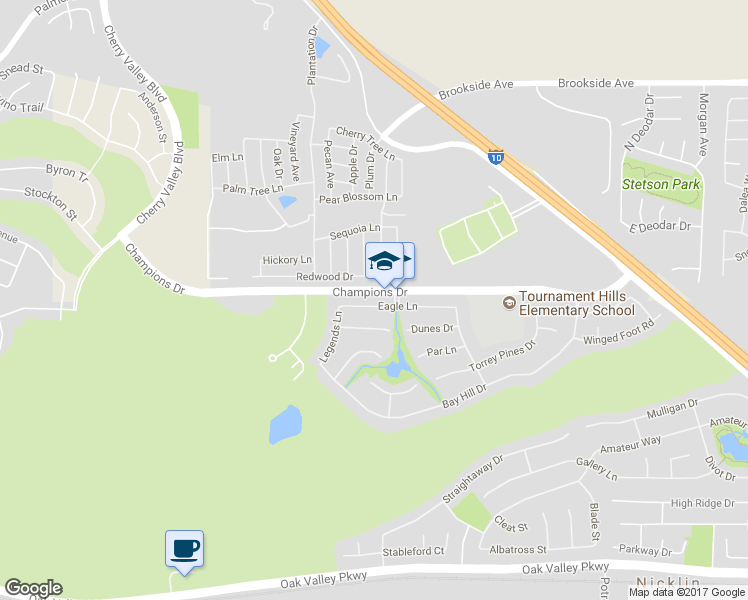 map of restaurants, bars, coffee shops, grocery stores, and more near 36204 Eagle Lane in Beaumont
