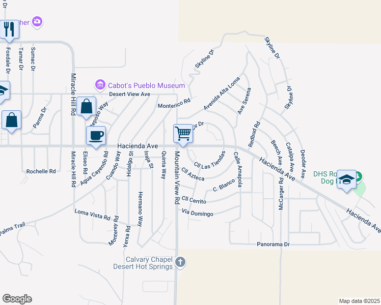 map of restaurants, bars, coffee shops, grocery stores, and more near 68090 Calle Las Tiendas in Desert Hot Springs