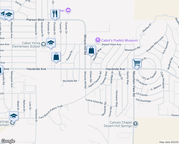 map of restaurants, bars, coffee shops, grocery stores, and more near 67585 Hacienda Avenue in Desert Hot Springs
