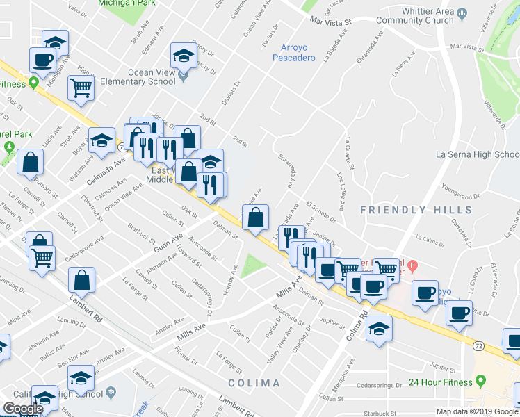 map of restaurants, bars, coffee shops, grocery stores, and more near 14623 Christine Drive in Whittier