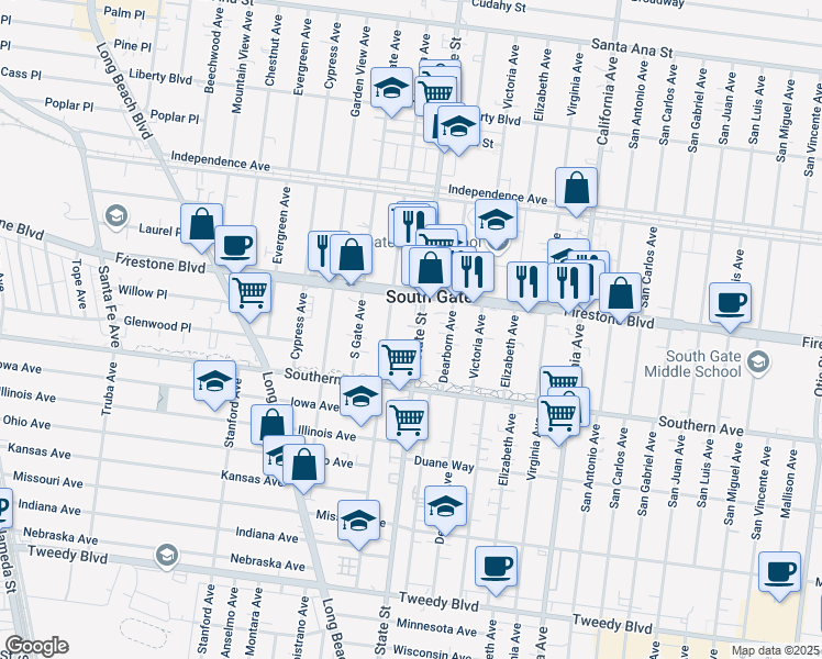 map of restaurants, bars, coffee shops, grocery stores, and more near in South Gate