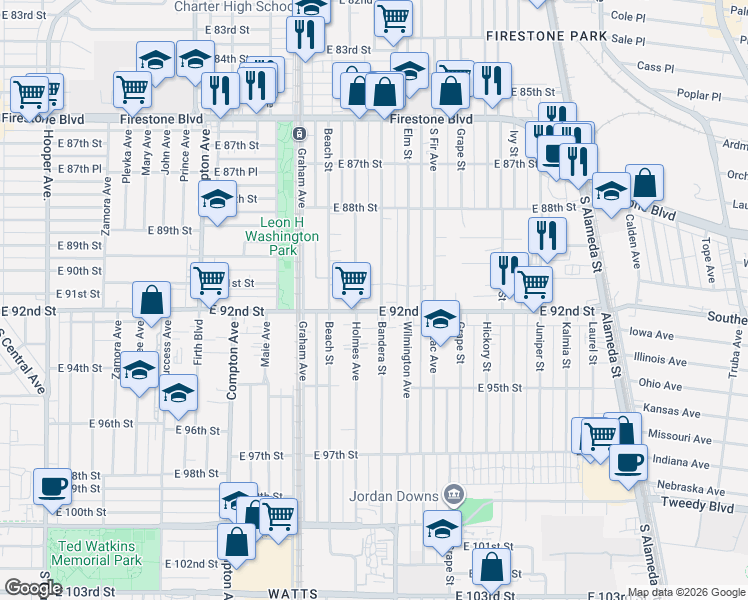 map of restaurants, bars, coffee shops, grocery stores, and more near 9104 Holmes Avenue in Los Angeles