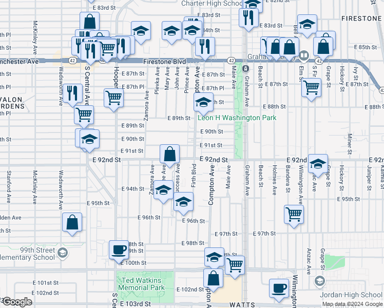 map of restaurants, bars, coffee shops, grocery stores, and more near 9115 Compton Avenue in Florence-Graham