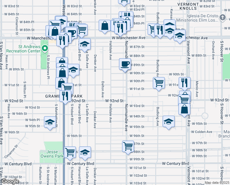 map of restaurants, bars, coffee shops, grocery stores, and more near 1448 West 91st Street in Los Angeles