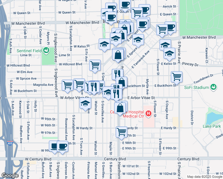map of restaurants, bars, coffee shops, grocery stores, and more near 801 South La Brea Avenue in Inglewood
