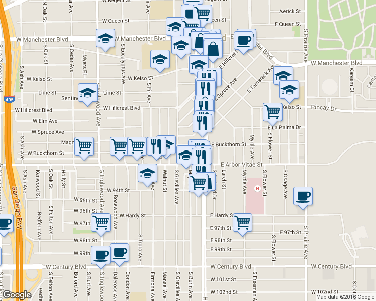 map of restaurants, bars, coffee shops, grocery stores, and more near 104 East Buckthorn Street in Inglewood