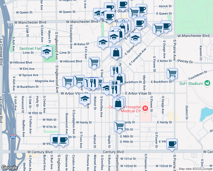 map of restaurants, bars, coffee shops, grocery stores, and more near 104 East Buckthorn Street in Inglewood