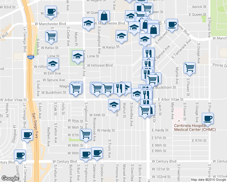 map of restaurants, bars, coffee shops, grocery stores, and more near 156 West Buckthorn Street in Inglewood