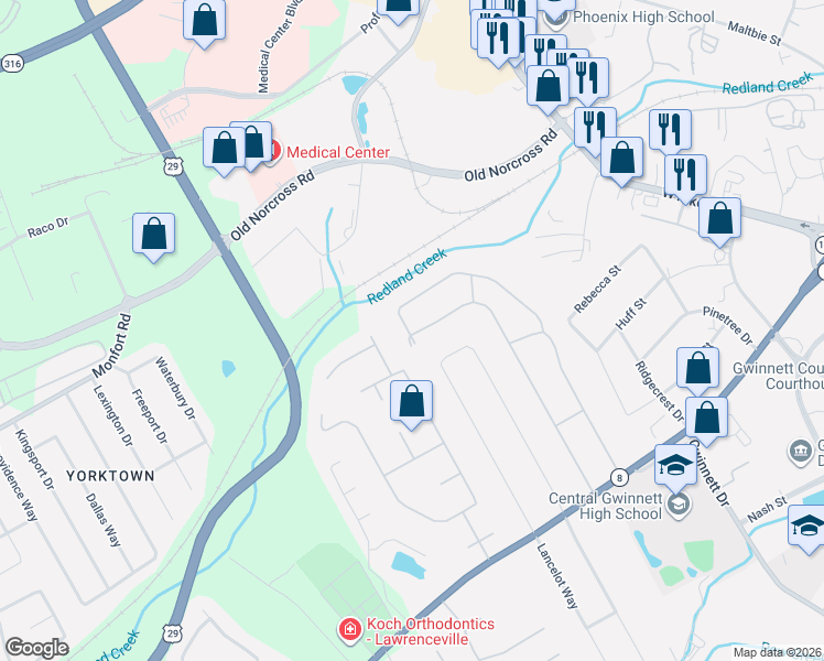 map of restaurants, bars, coffee shops, grocery stores, and more near 728 Dogwood Drive Northwest in Lawrenceville