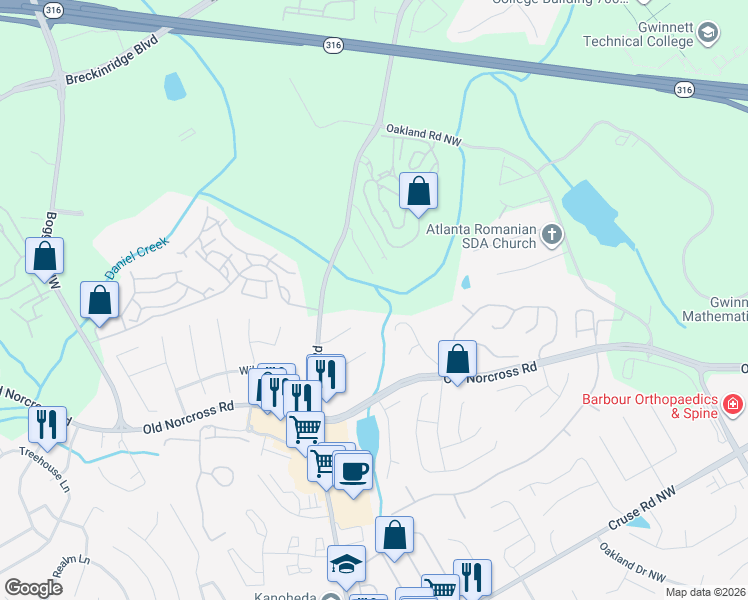map of restaurants, bars, coffee shops, grocery stores, and more near 1397 Parkside Club Drive Northwest in Lawrenceville