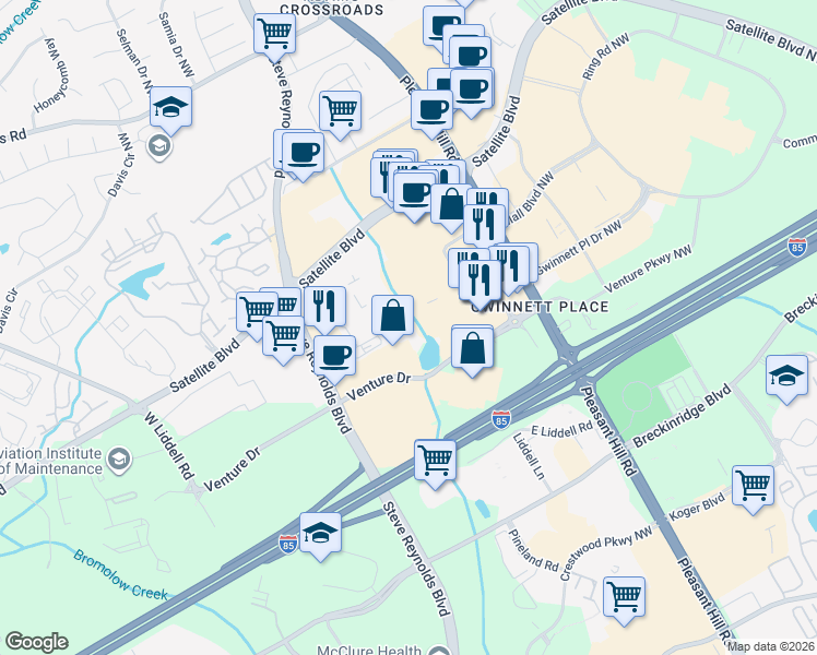 map of restaurants, bars, coffee shops, grocery stores, and more near 3775 Venture Drive in Duluth