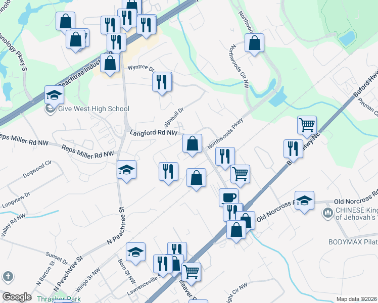 map of restaurants, bars, coffee shops, grocery stores, and more near 2712 Langford Commons Court in Norcross