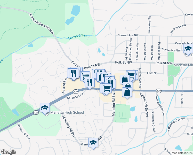 map of restaurants, bars, coffee shops, grocery stores, and more near 815 Mountain View Terrace Northwest in Marietta
