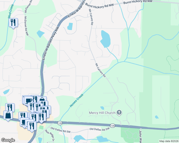 map of restaurants, bars, coffee shops, grocery stores, and more near 116 Mount Calvary Road in Marietta