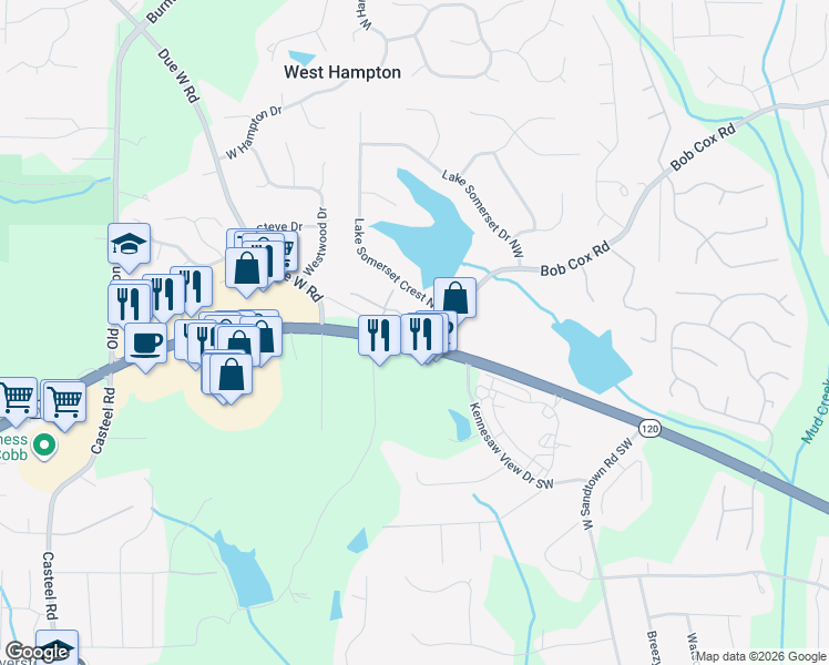 map of restaurants, bars, coffee shops, grocery stores, and more near 3319 Timbers Edge Drive in Marietta