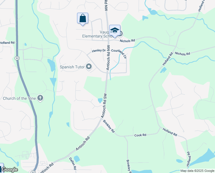 map of restaurants, bars, coffee shops, grocery stores, and more near 50 Antioch Road in Powder Springs
