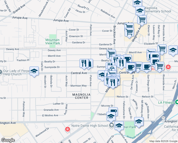 map of restaurants, bars, coffee shops, grocery stores, and more near 4538 Sunnyside Drive in Riverside