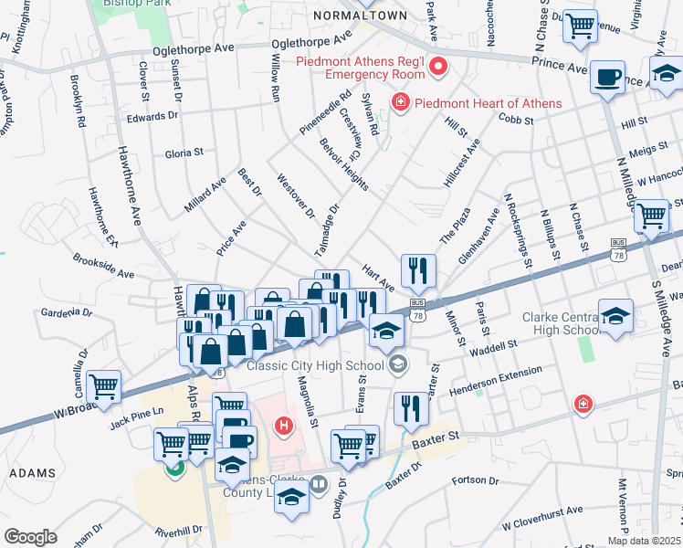 map of restaurants, bars, coffee shops, grocery stores, and more near 695 King Avenue in Athens