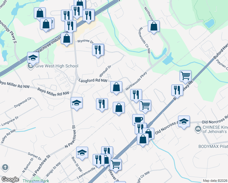 map of restaurants, bars, coffee shops, grocery stores, and more near 2712 Langford Commons Court in Norcross