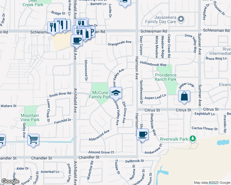 map of restaurants, bars, coffee shops, grocery stores, and more near 7381 Citrus Valley Avenue in Corona