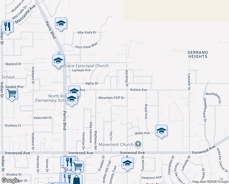 map of restaurants, bars, coffee shops, grocery stores, and more near 25000 Kalmia Avenue in Moreno Valley