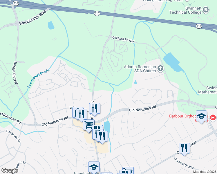 map of restaurants, bars, coffee shops, grocery stores, and more near 1397 Parkside Club Drive Northwest in Lawrenceville