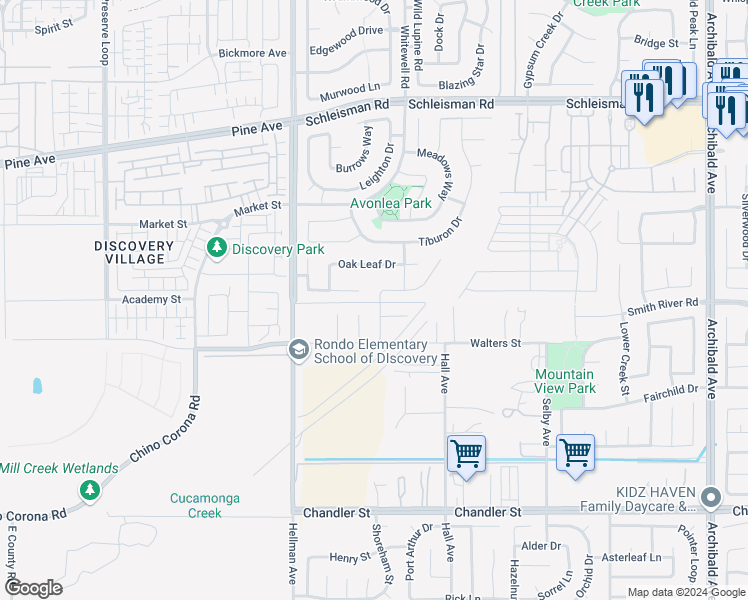 map of restaurants, bars, coffee shops, grocery stores, and more near 7393 Jake Way in Corona