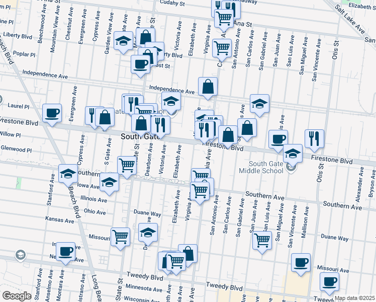 map of restaurants, bars, coffee shops, grocery stores, and more near 8912 Virginia Avenue in South Gate