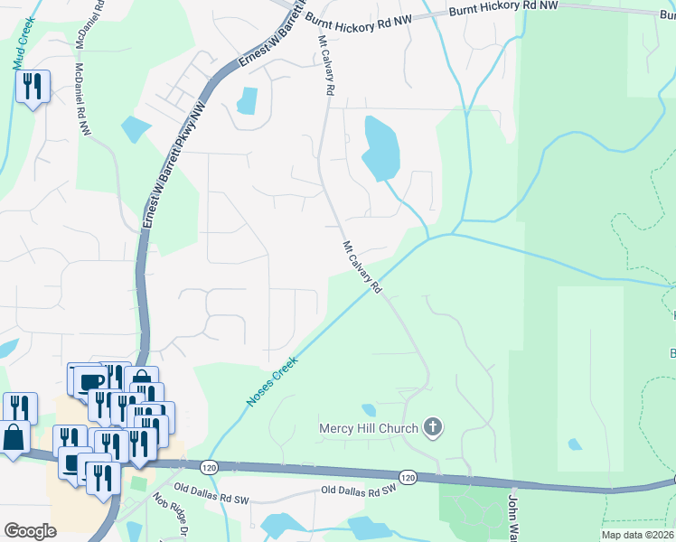 map of restaurants, bars, coffee shops, grocery stores, and more near 116 Mount Calvary Road in Marietta