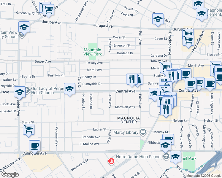 map of restaurants, bars, coffee shops, grocery stores, and more near 4682 Sunnyside Drive in Riverside